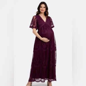 PinkBlush Deep Burgundy Lace Mesh Overlay Maternity Maxi Dress